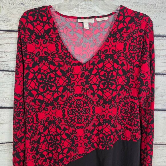 Dana Buchman Red Black Floral Asymmetrical Long Sleeve Top L - Picture 2 of 8